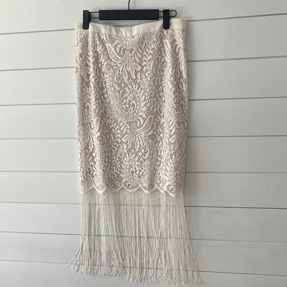 English Factory Cream Lace Pencil Skirt with Fringe